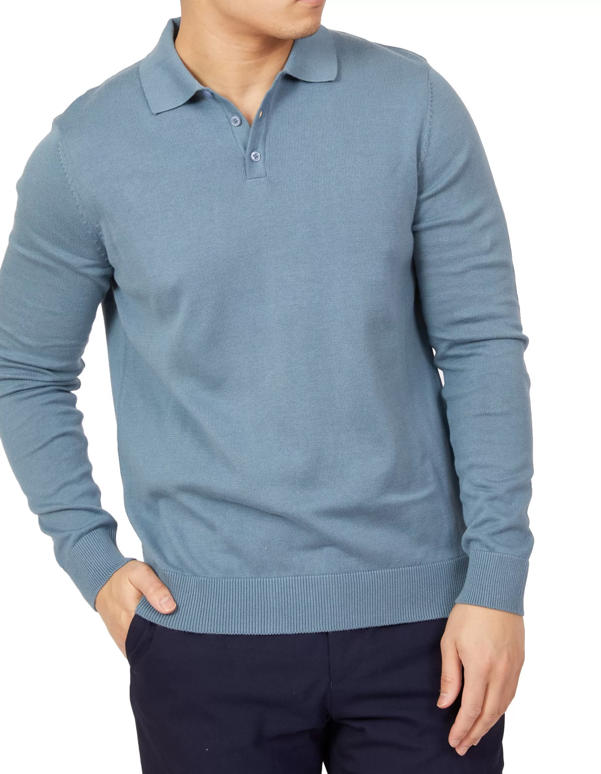 Discount Henry Bucks BEAUCAIRE Cotton Knitted Long Sleeve Polo BLUE STONE