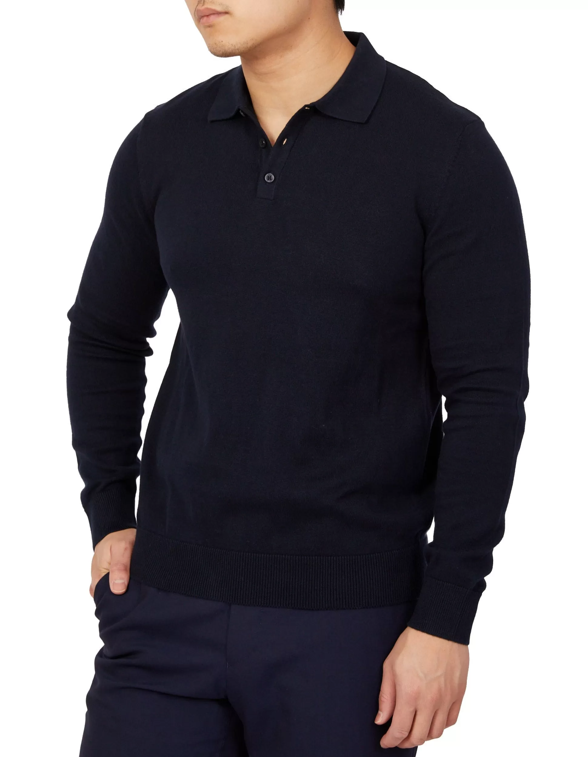 Best Henry Bucks BEAUCAIRE Cotton Knitted Long Sleeve Polo NAVY