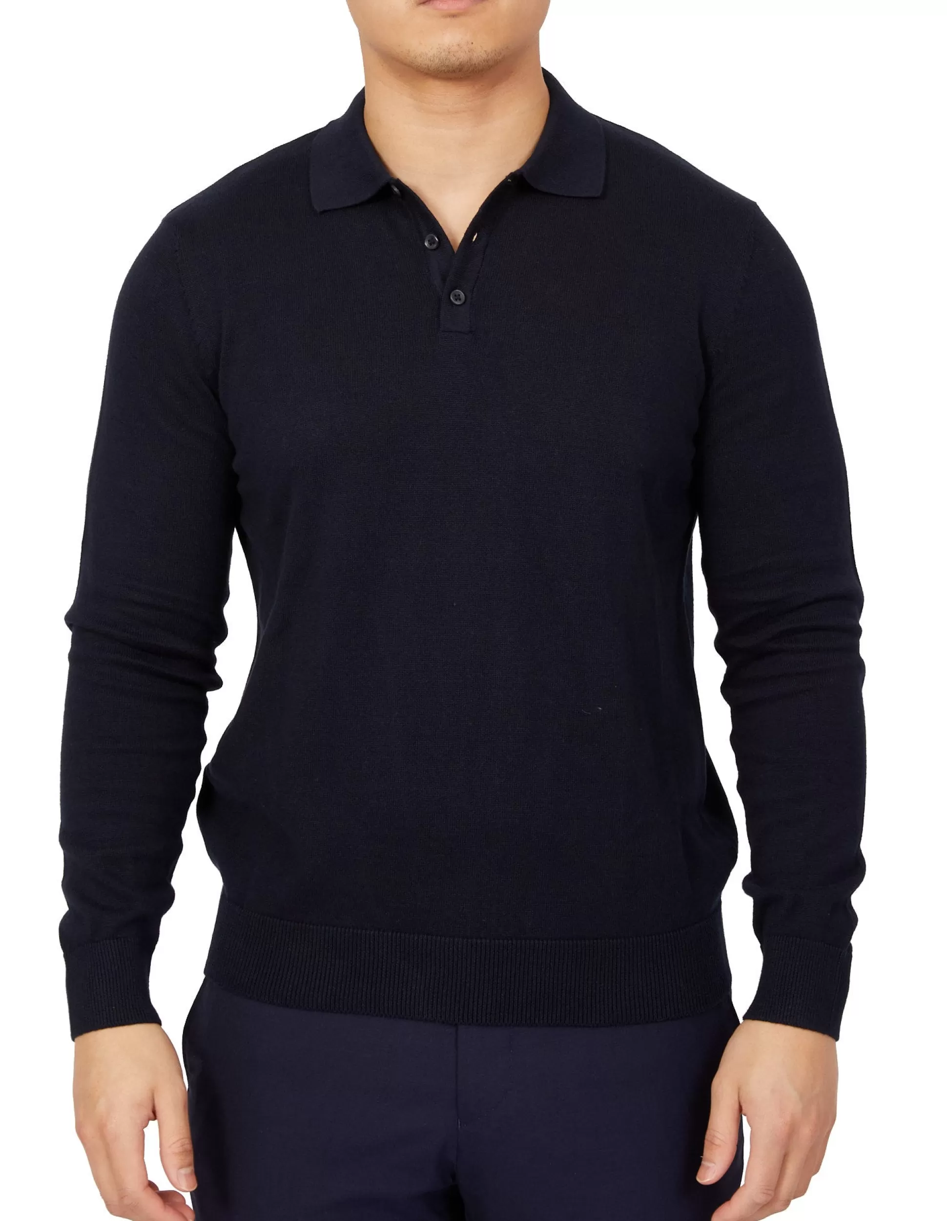 Best Henry Bucks BEAUCAIRE Cotton Knitted Long Sleeve Polo NAVY