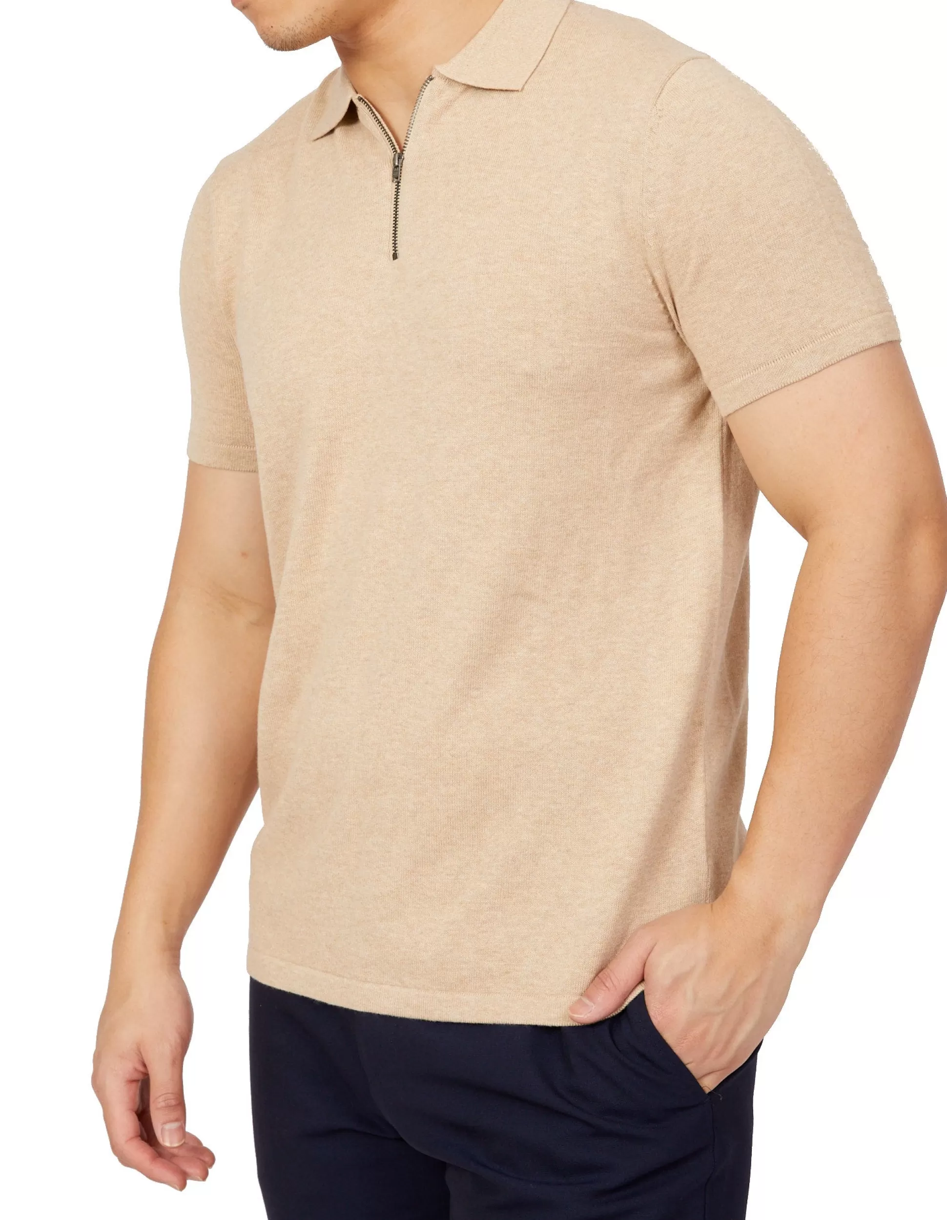 Flash Sale Henry Bucks BEAUCAIRE Cotton Zip Neck Short Sleeve Polo SAND