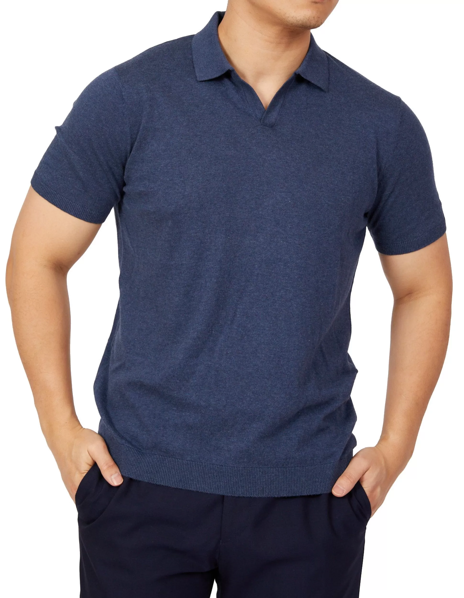 Flash Sale Henry Bucks BEAUCAIRE Ultra Fine Cotton Buttonless Polo BLUE MELANGE