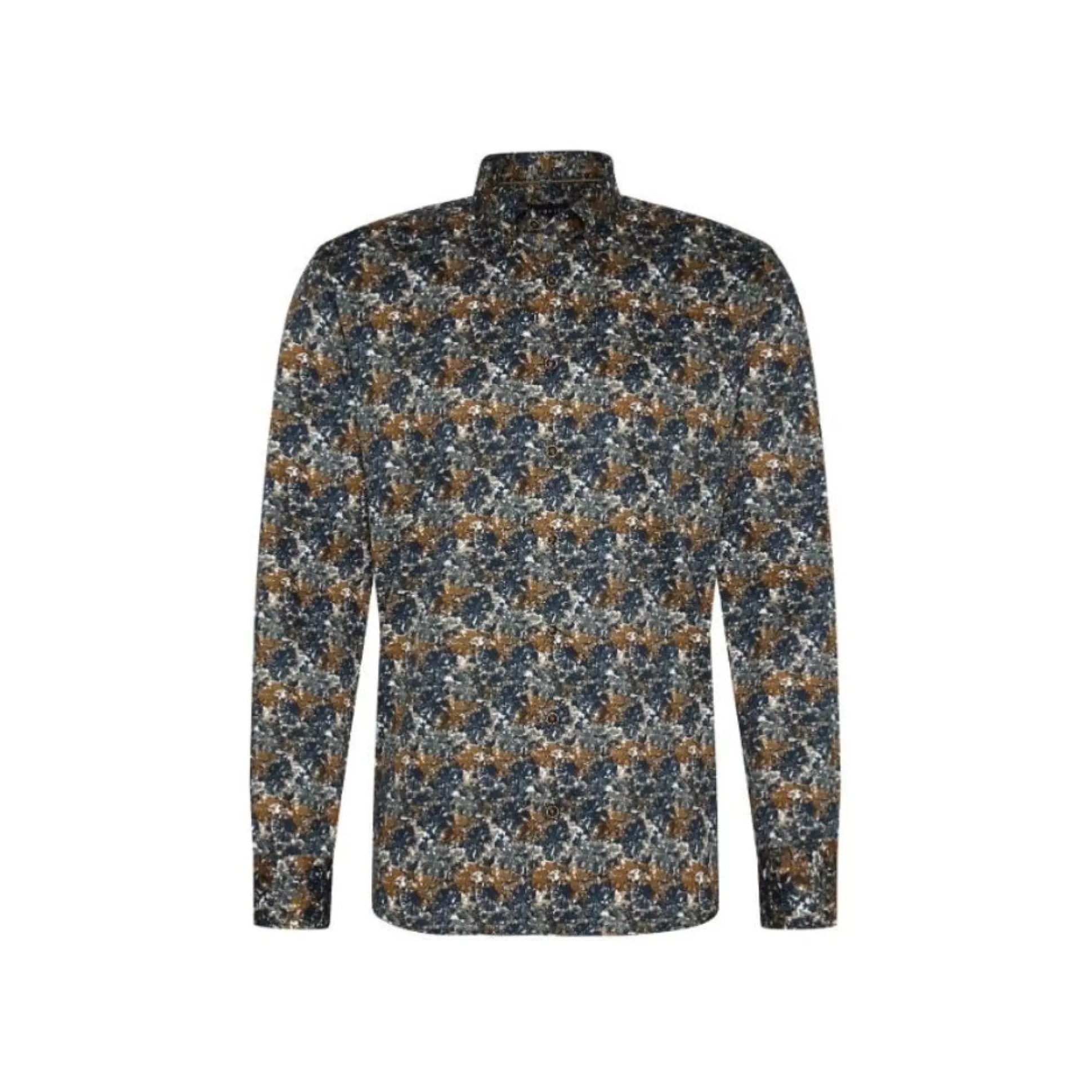 Fashion Henry Bucks BUGATTI Printed Long Sleeve Shirt BLUE/KHAKI/WHITE BLUE/KHAKI/WHITE SC