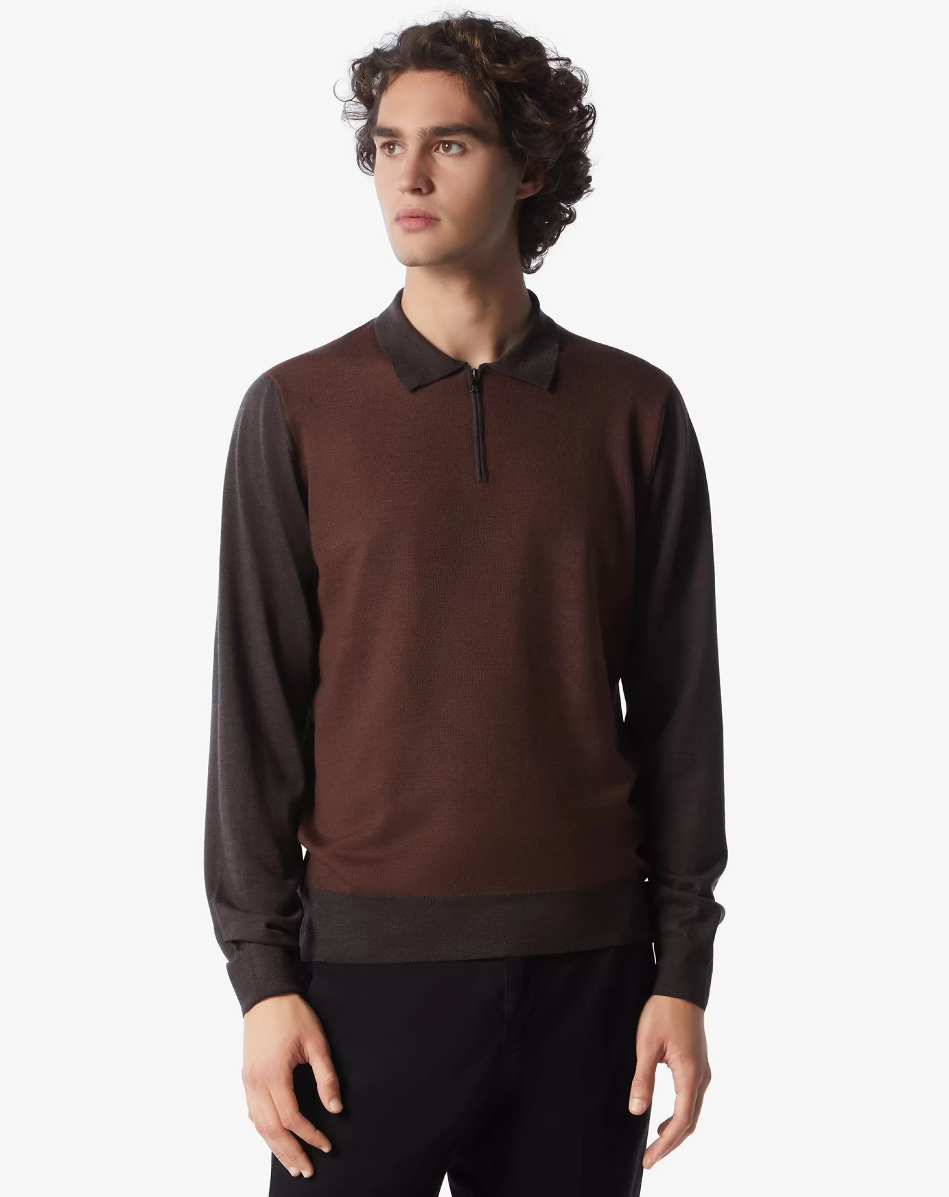 Outlet Henry Bucks CORNELIANI Merino Zip Up Polo BROWN