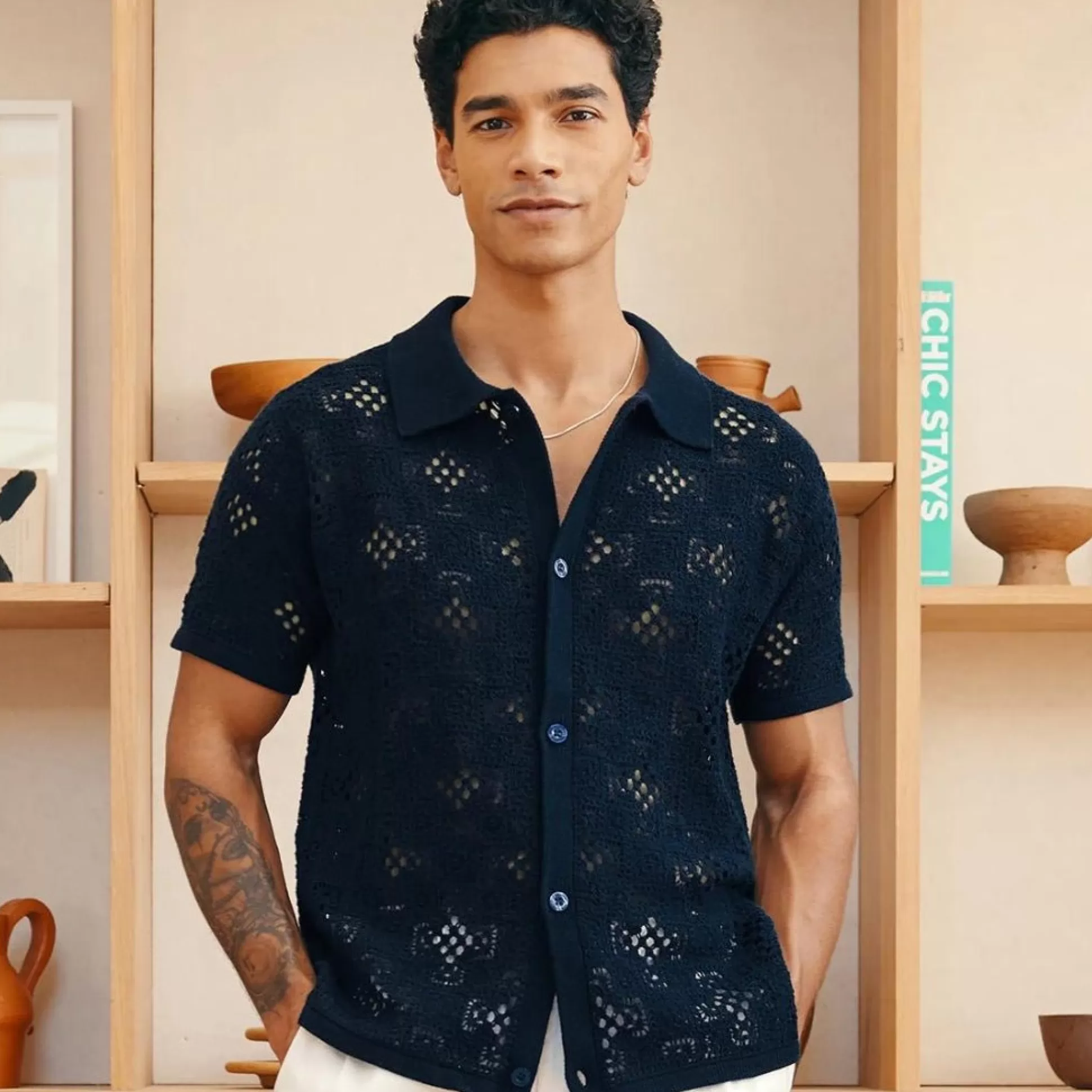 Best Henry Bucks FRESCOBAL CARIOCA Crochet Button Shirt NAVY