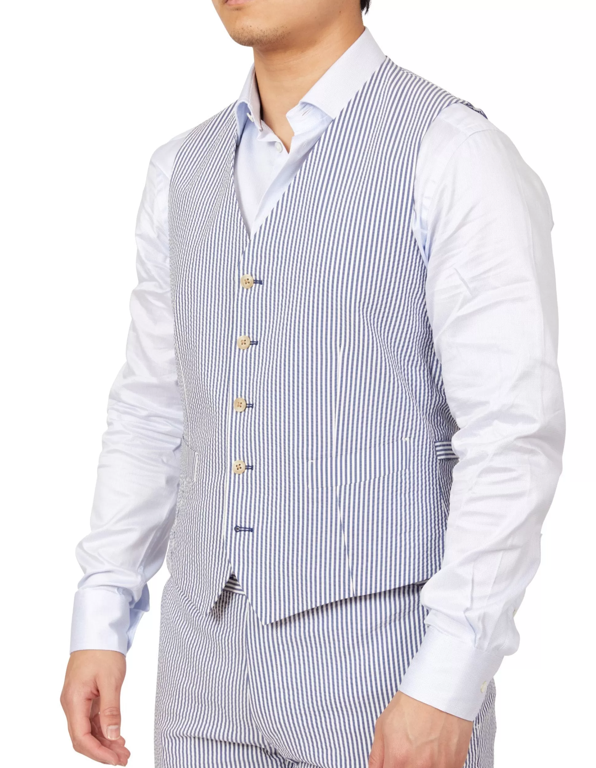 Cheap Henry Bucks HENRY SARTORIAL Orleans Seersucker Waistcoat NAVY/WHITE REG