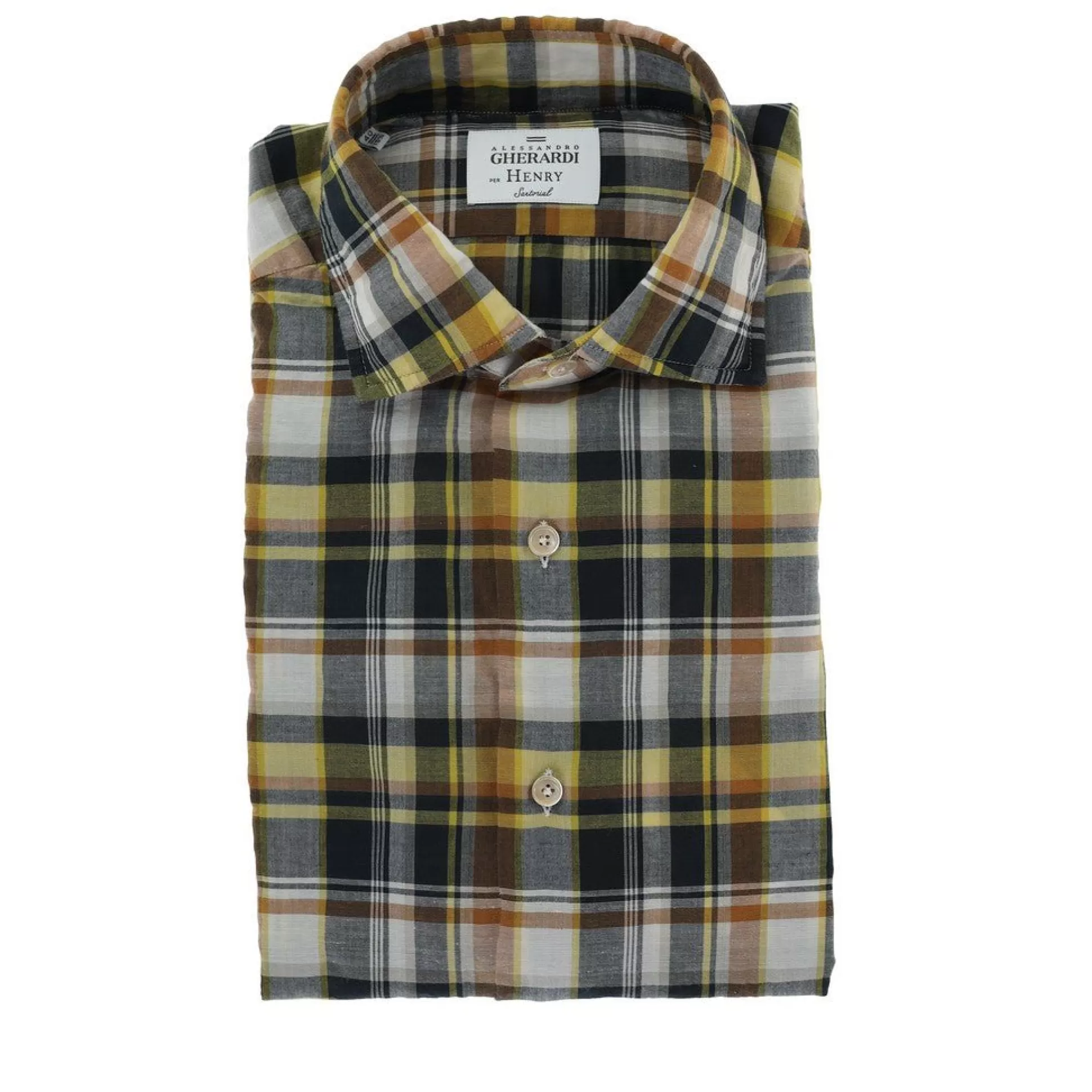 Online Henry Bucks HENRY SARTORIAL X GHERARDI Check Cotton Mix Shirt BLACK YELLOW