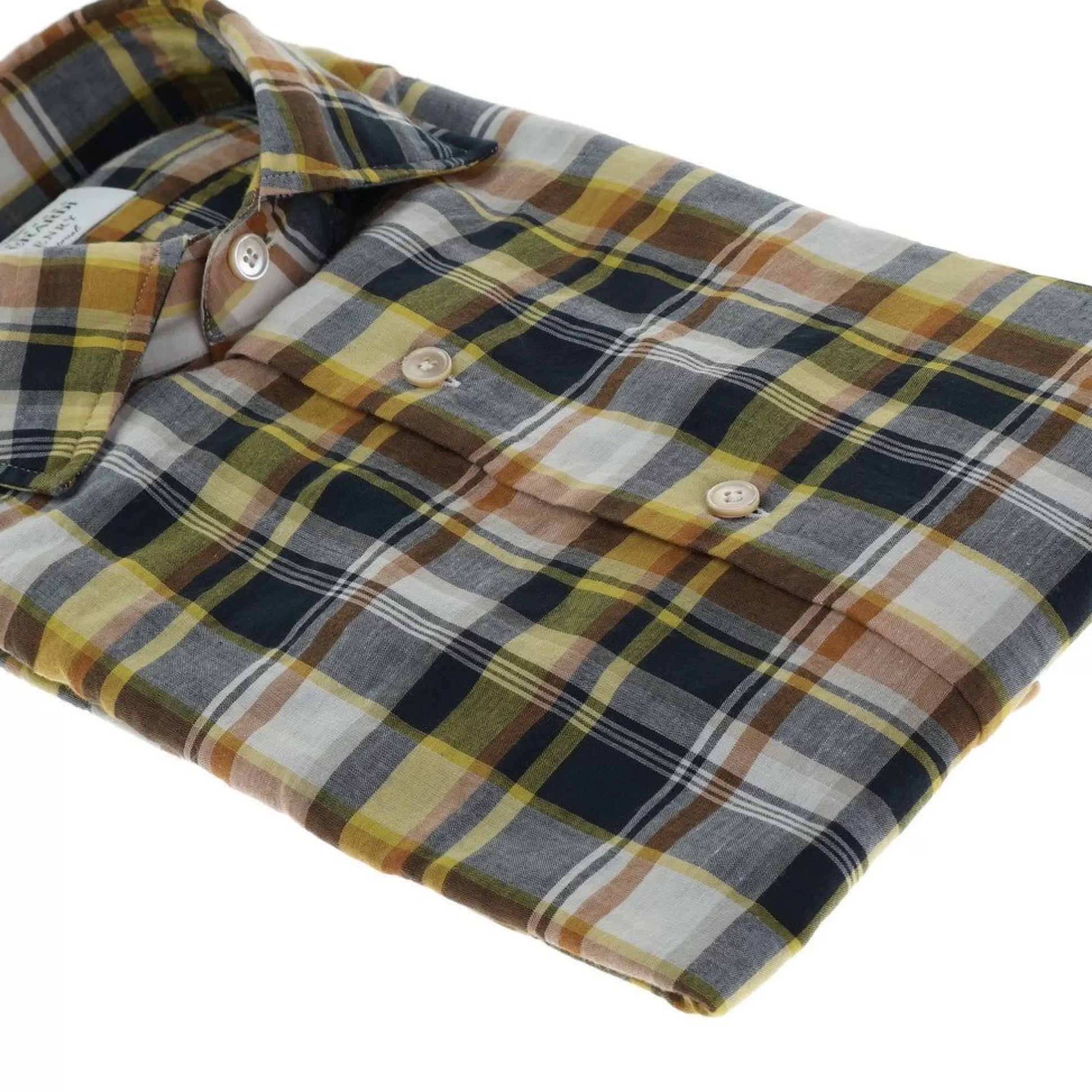 Online Henry Bucks HENRY SARTORIAL X GHERARDI Check Cotton Mix Shirt BLACK YELLOW