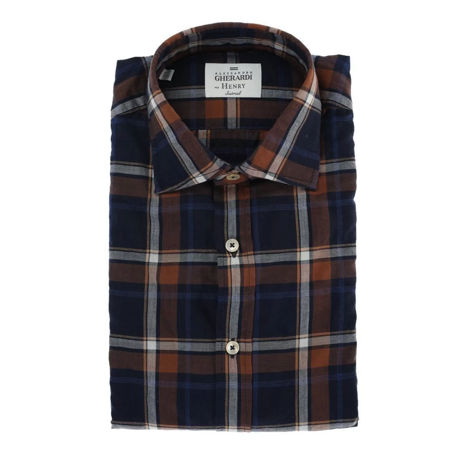 Online Henry Bucks HENRY SARTORIAL X GHERARDI Check Cotton Shirt NAVY/ORANGE