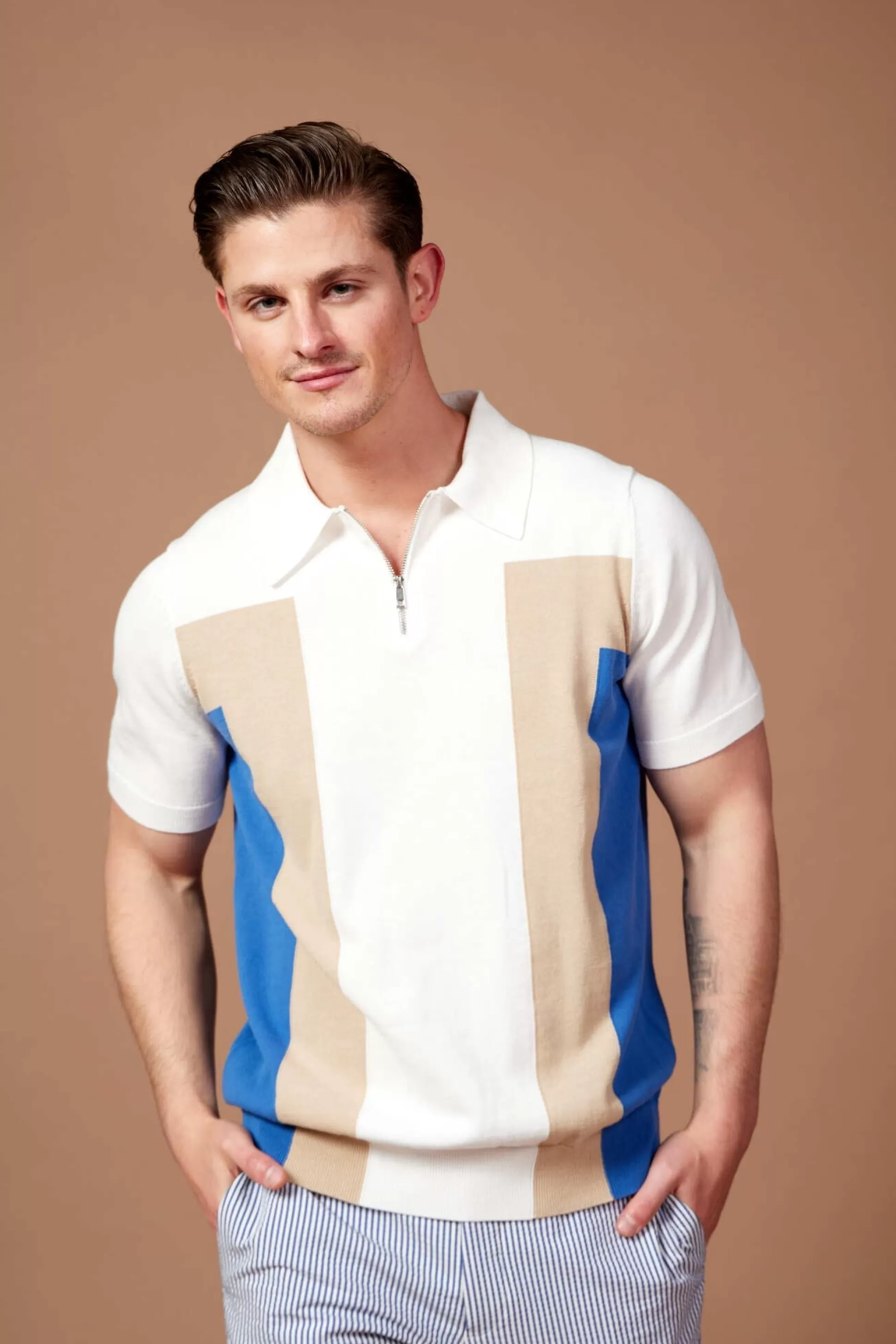 Online Henry Bucks MCKINNON Contrast Zip Short Sleeve Shirt WHITE/BLUE/BEIGE WHITE / BLUE / BEIGE