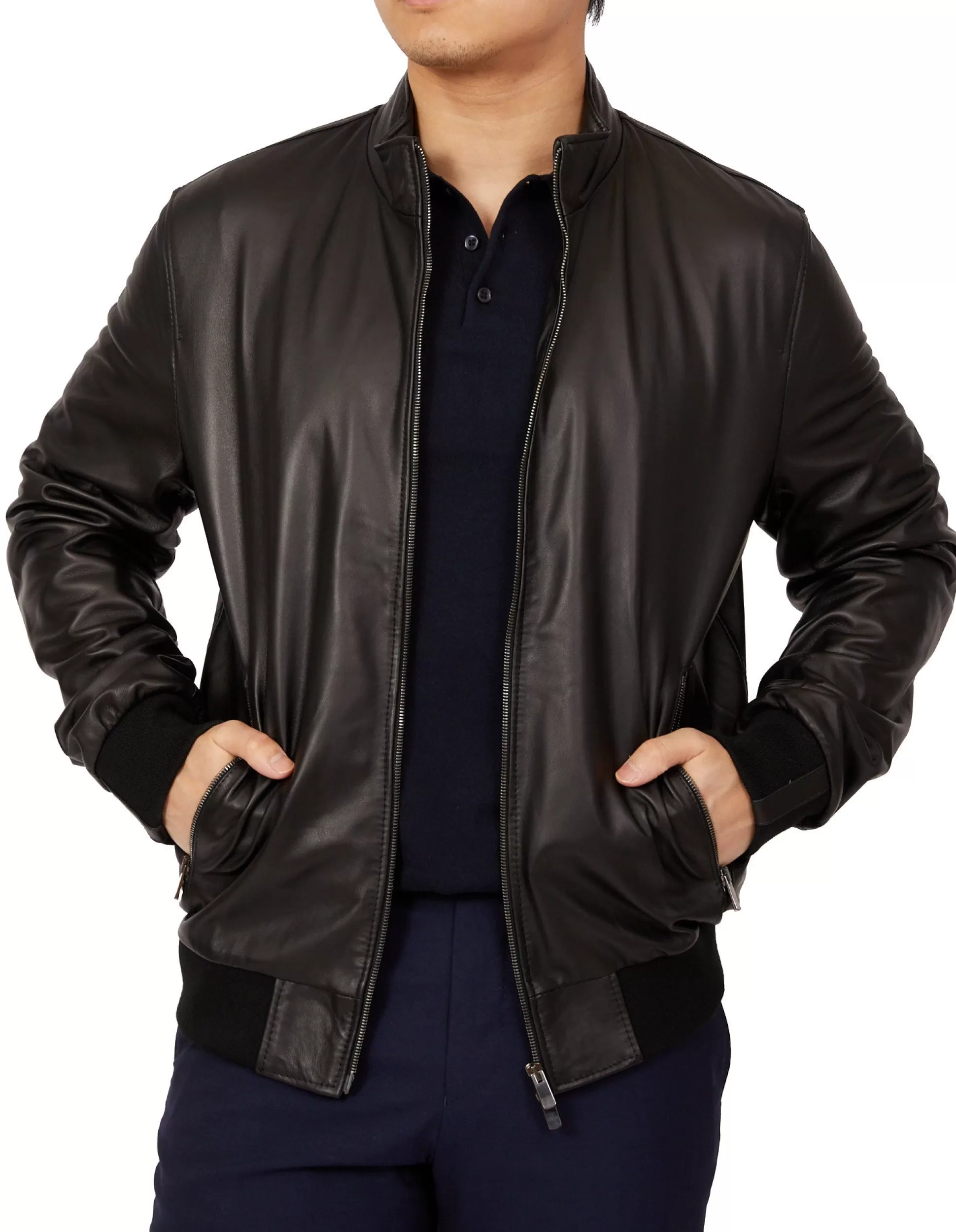 New Henry Bucks MCKINNON Nappa Lamb Leather Zip Bomber Jacket BLACK