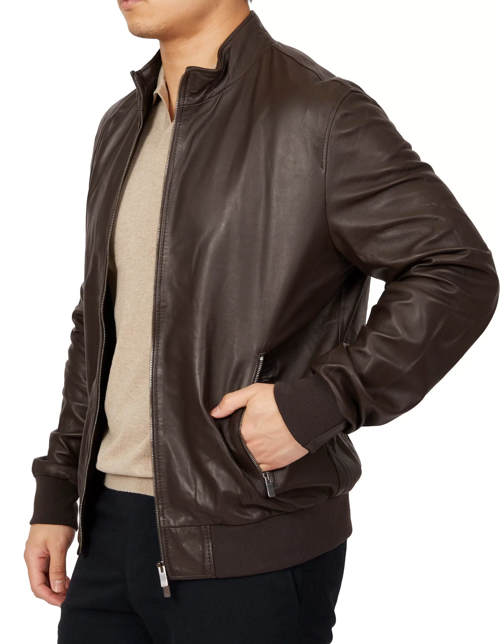 Best Henry Bucks MCKINNON Nappa Lamb Leather Zip Bomber Jacket DARK BROWN