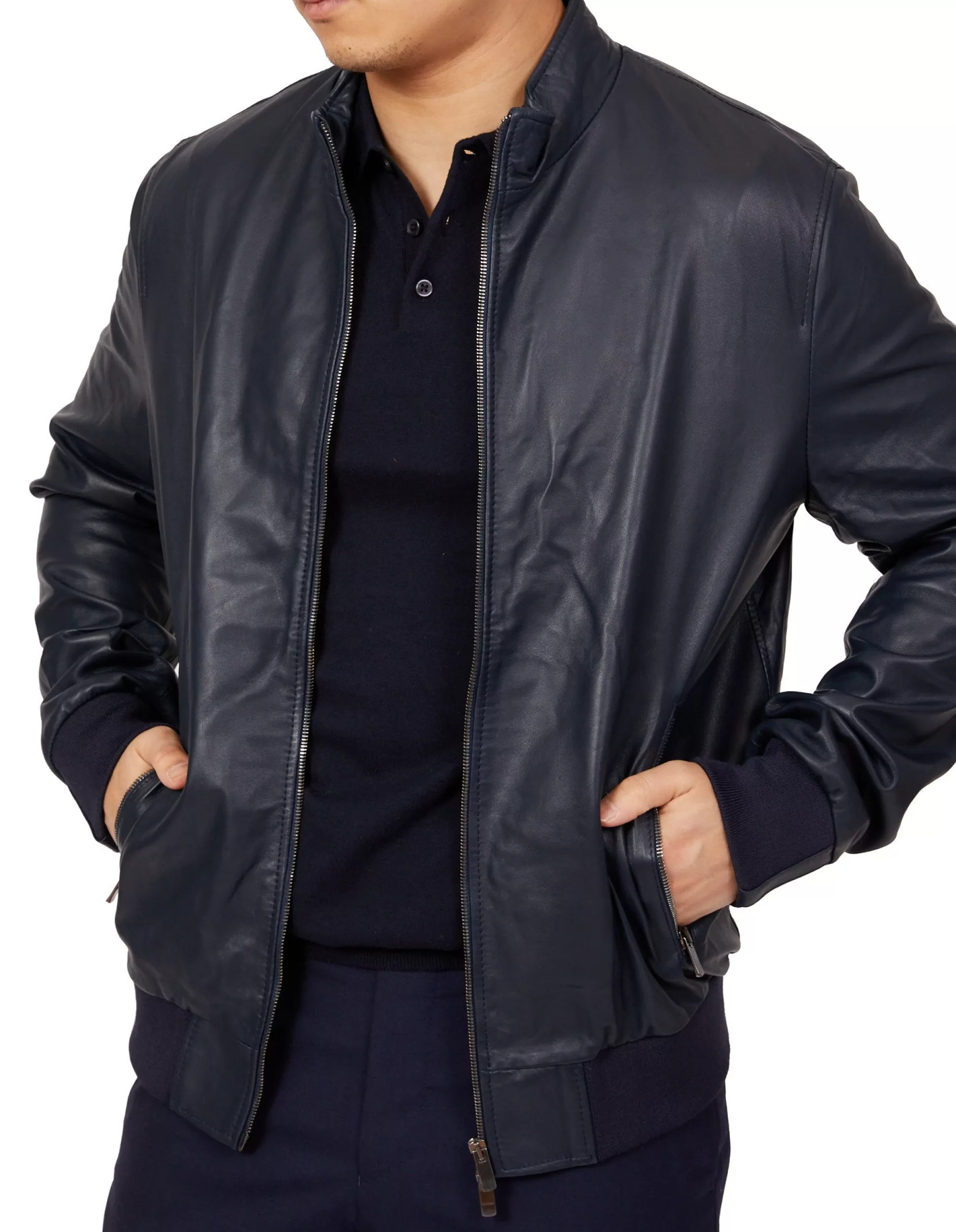 Store Henry Bucks MCKINNON Nappa Lamb Leather Zip Bomber Jacket NAVY