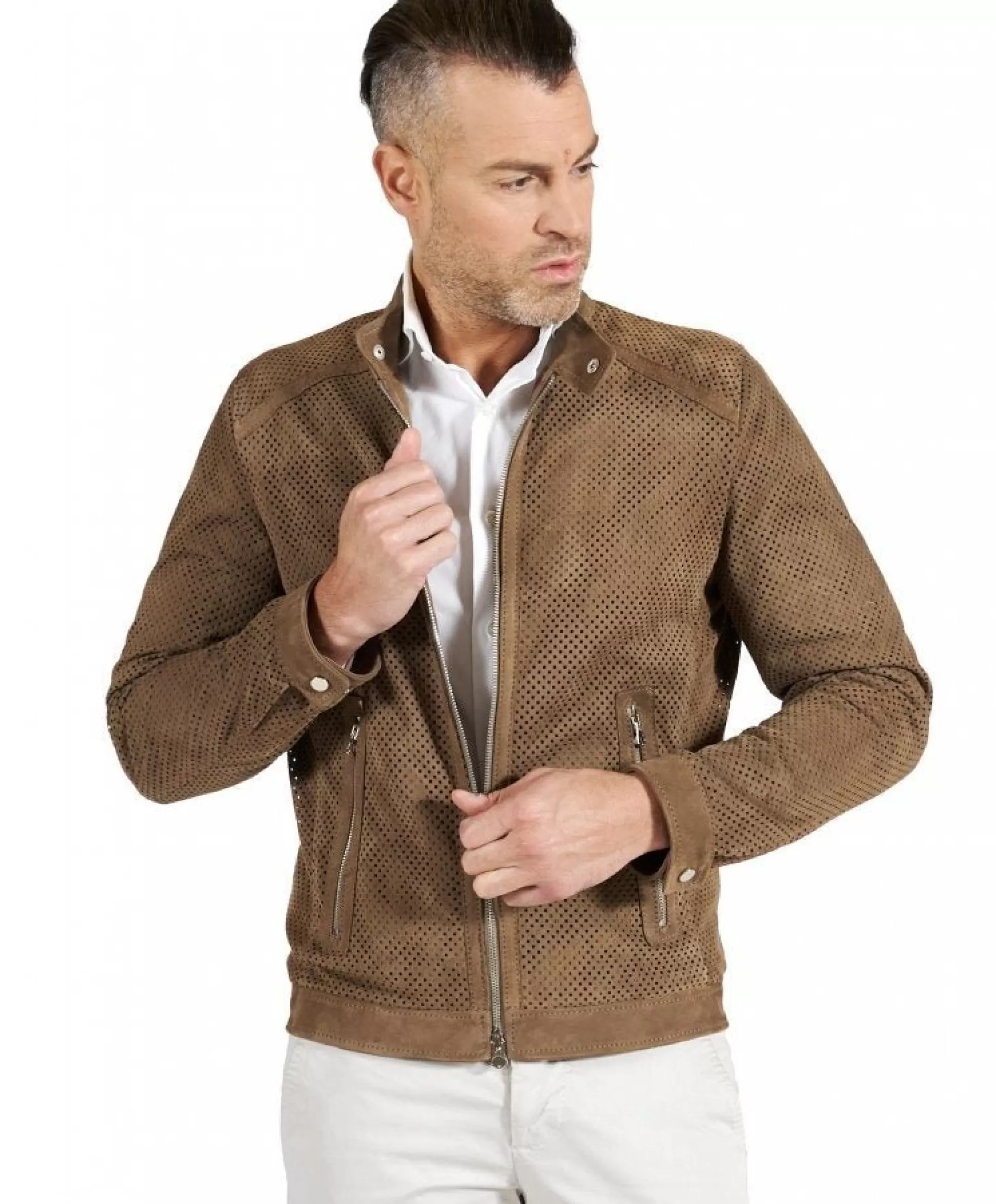 Hot Henry Bucks MCKINNON Perforated Suede Jacket BROWN/TAUPE