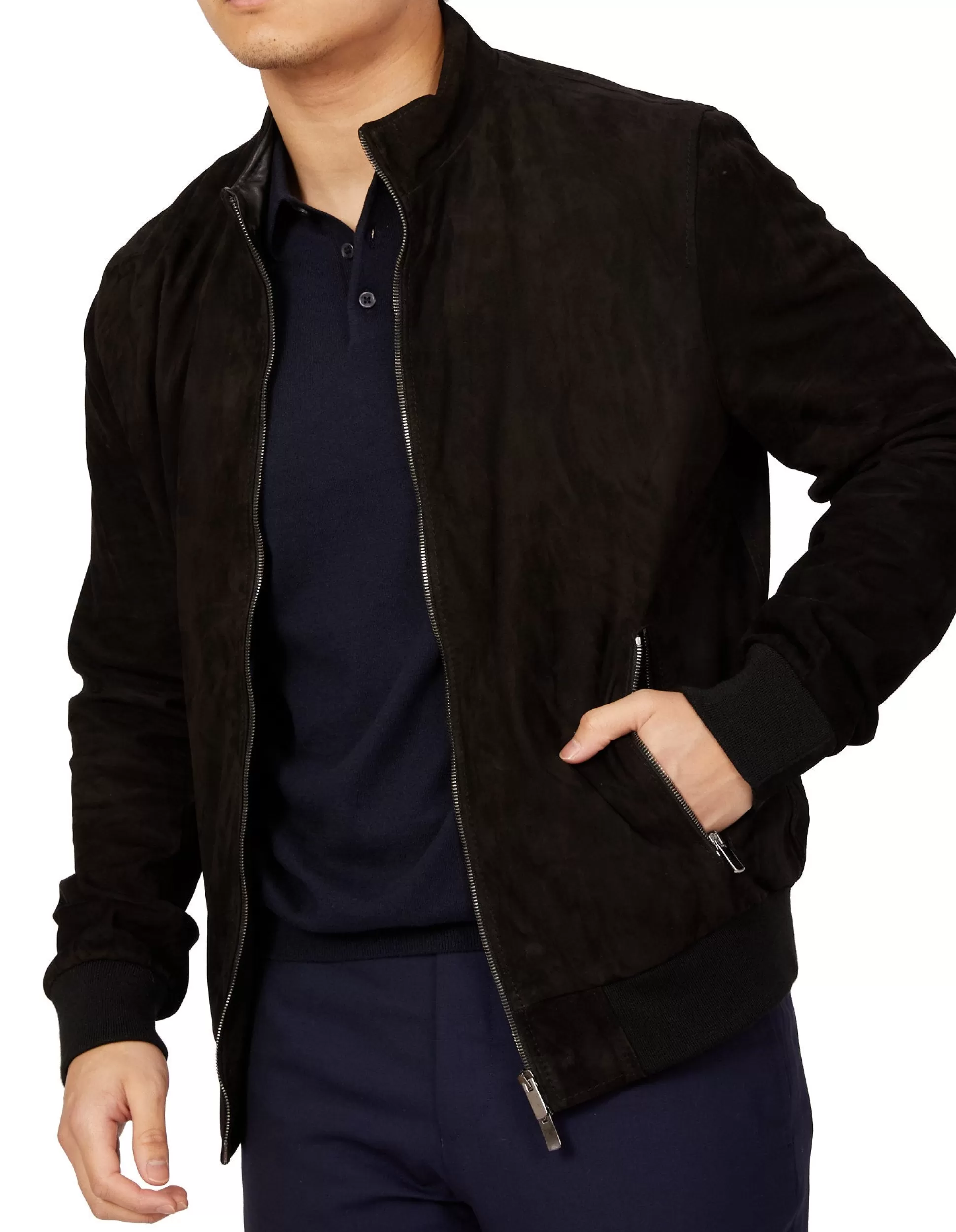 New Henry Bucks MCKINNON Suede Lamb Leather Zip Bomber Jacket BLACK