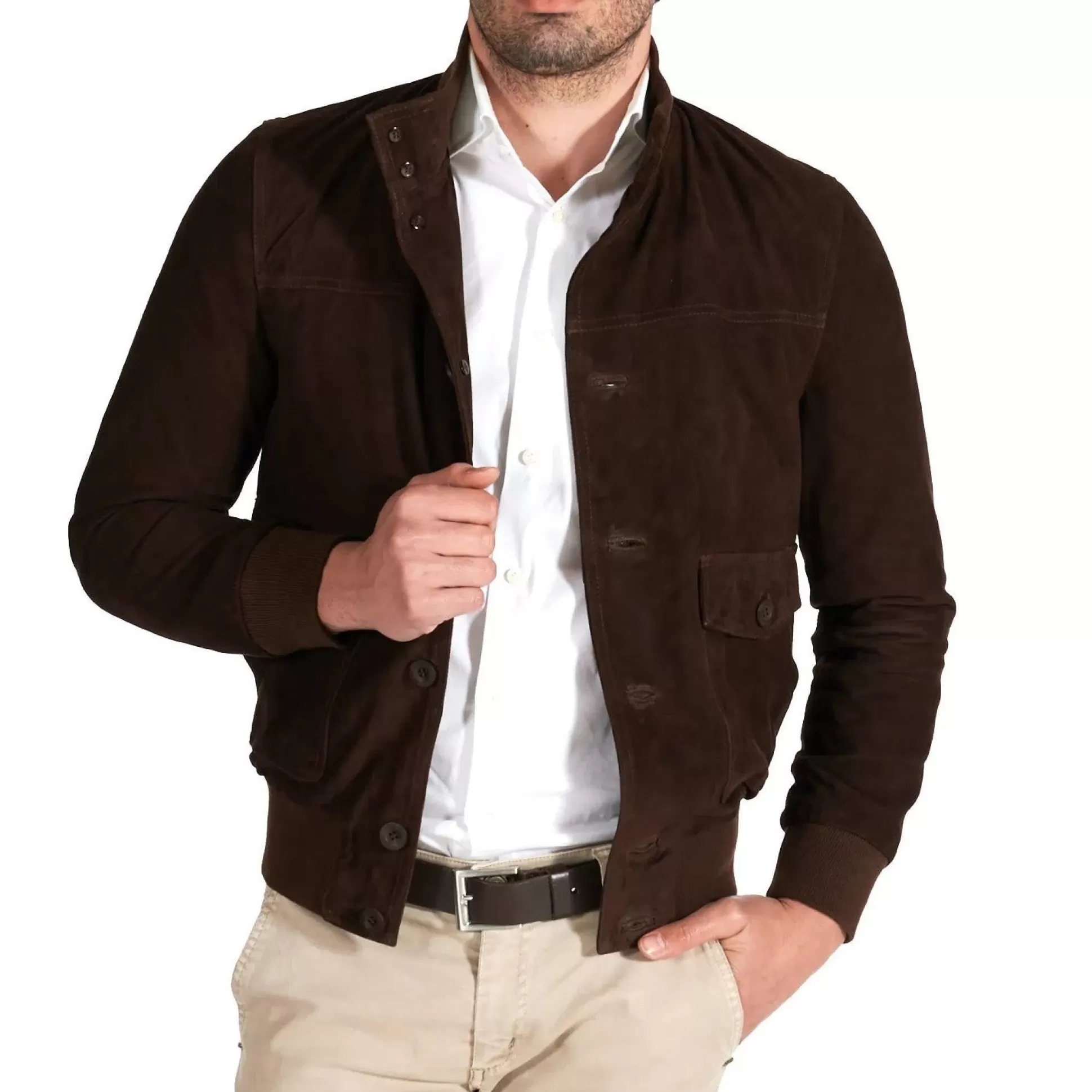 Flash Sale Henry Bucks MCKINNON Suede Leather Button Bomber Jacket BROWN BROWN REG