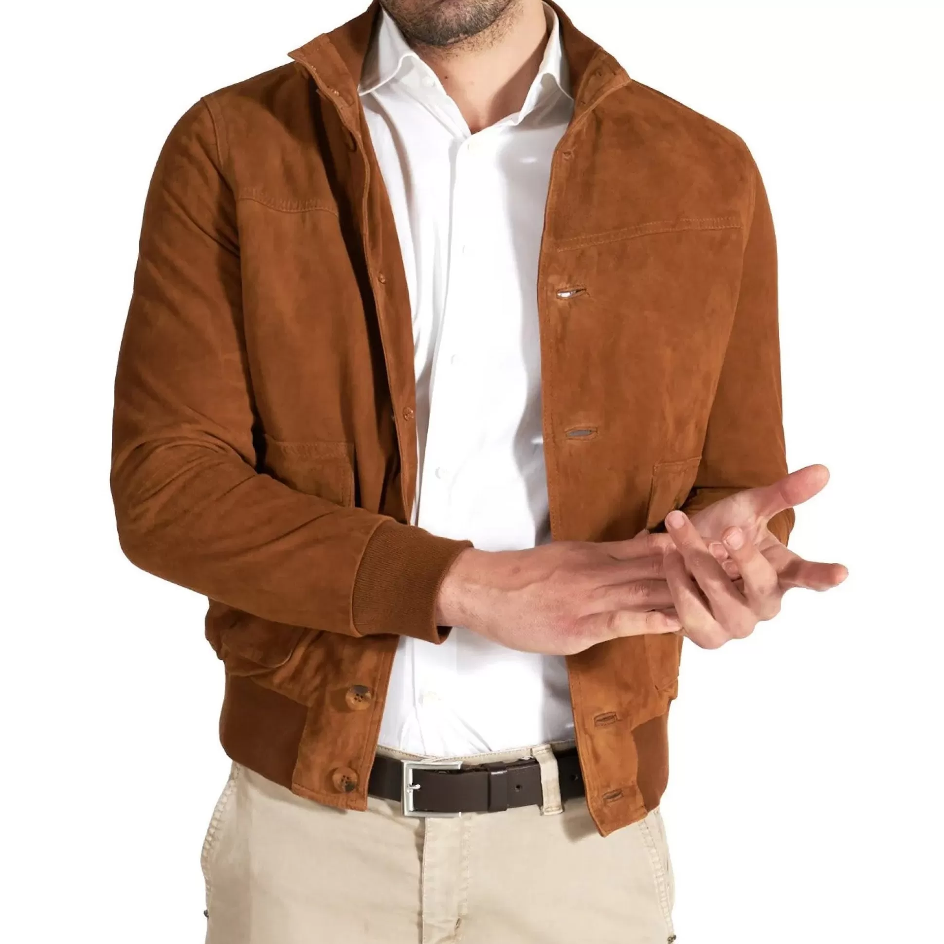 Cheap Henry Bucks MCKINNON Suede Leather Button Bomber Jacket COGNAC COGNAC REG