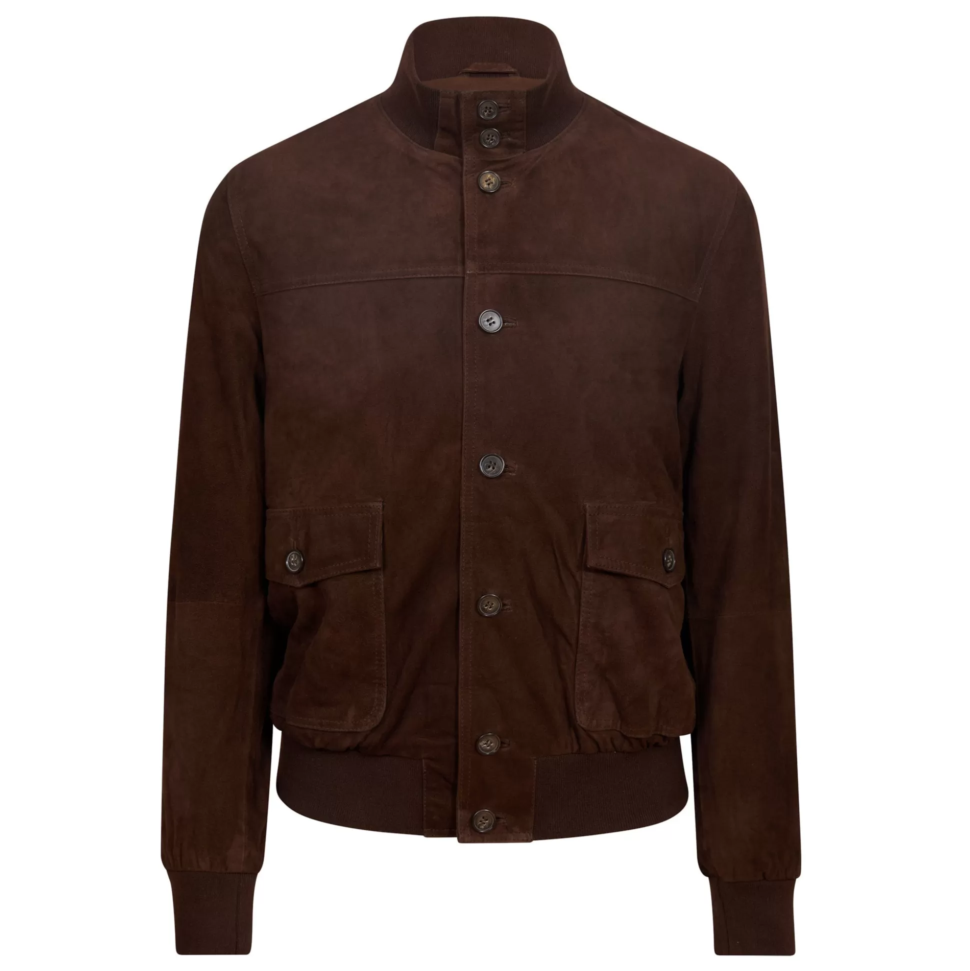 Shop Henry Bucks MCKINNON Suede Leather Button Bomber Jacket DARK BROWN