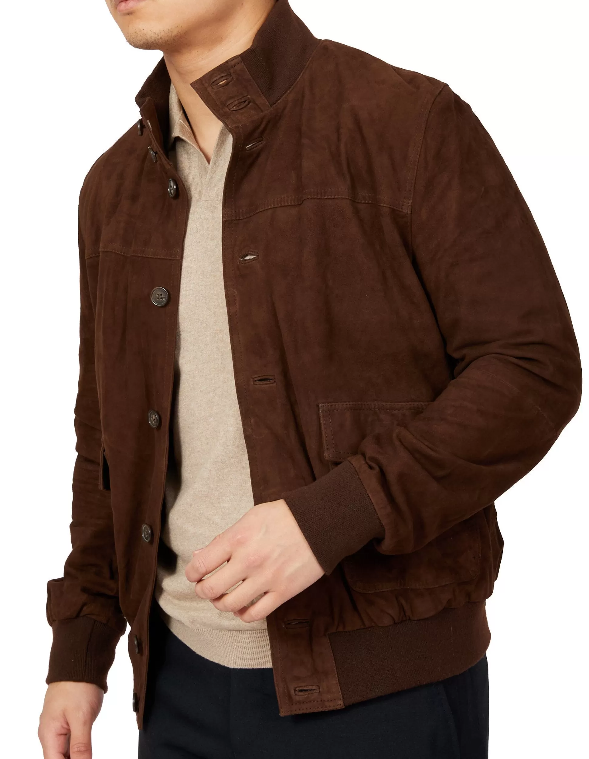 Shop Henry Bucks MCKINNON Suede Leather Button Bomber Jacket DARK BROWN