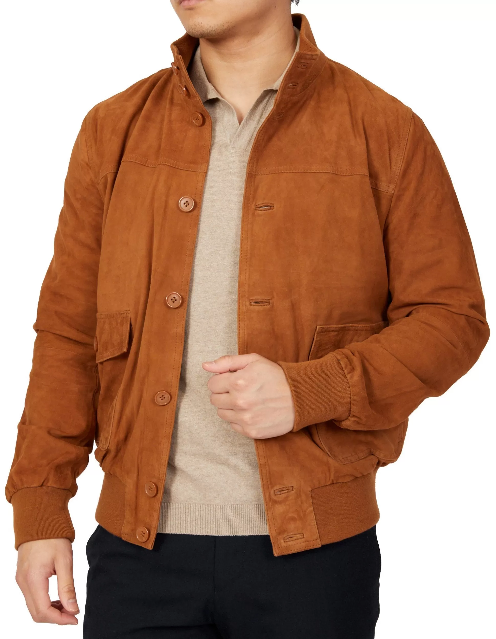 Shop Henry Bucks MCKINNON Suede Leather Button Bomber Jacket TAN