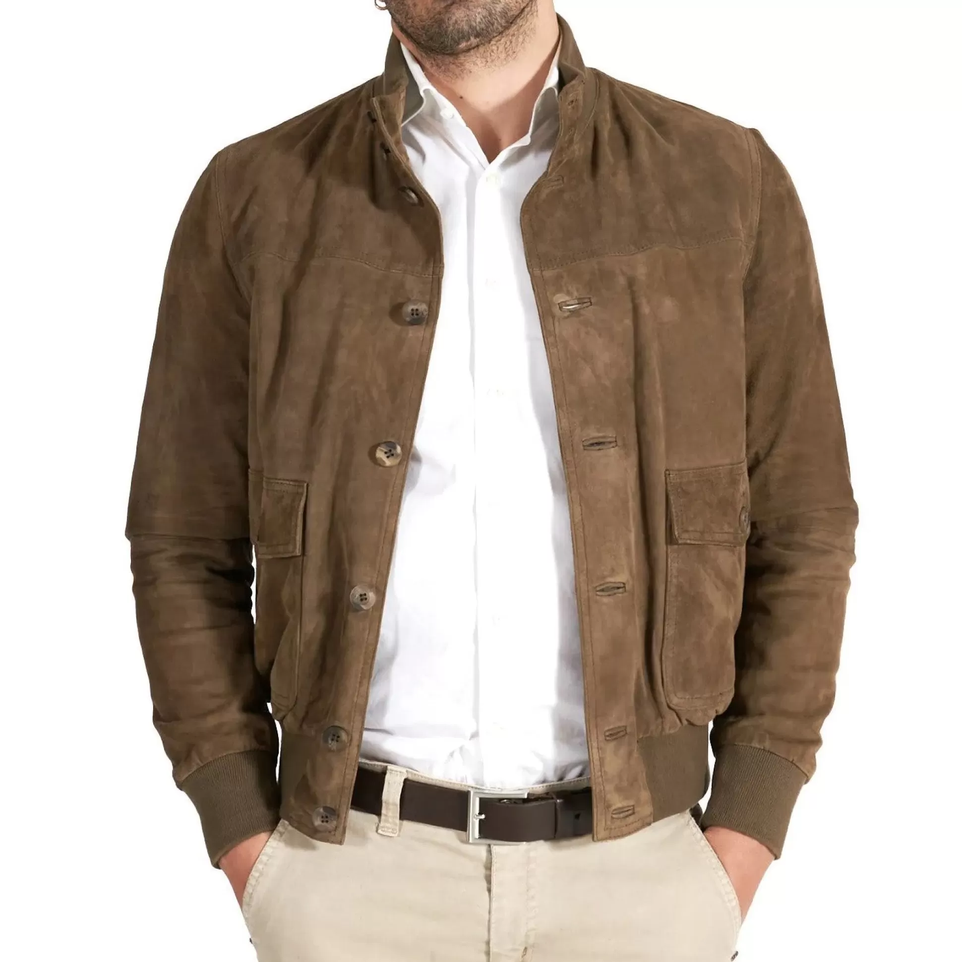 New Henry Bucks MCKINNON Suede Leather Button Bomber Jacket TAUPE TAUPE FAWN REG