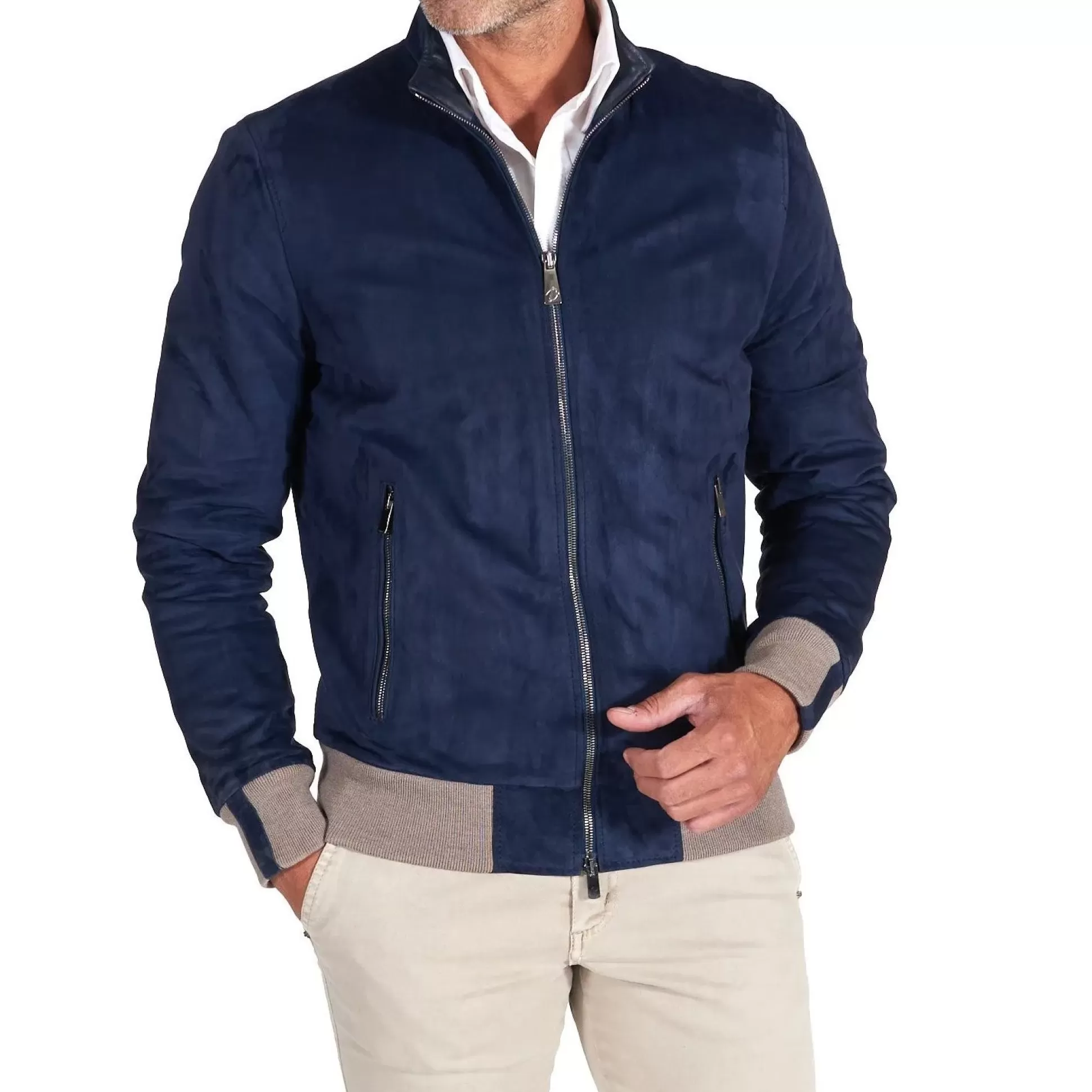 Store Henry Bucks MCKINNON Suede Leather Zip Bomber Jacket BLUE REG