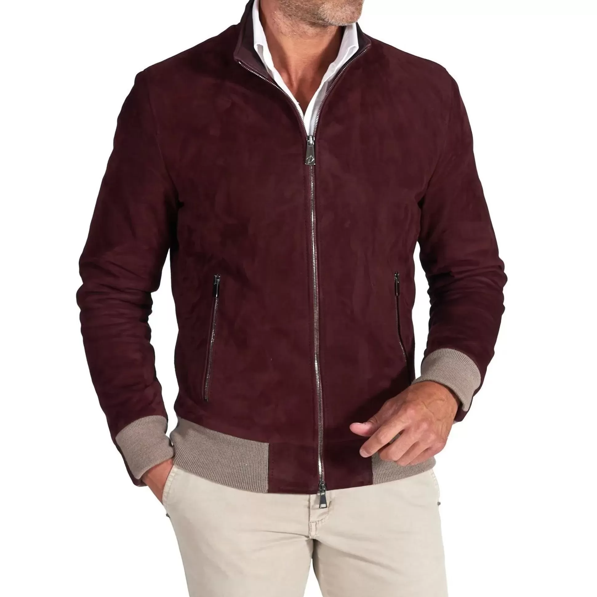 Clearance Henry Bucks MCKINNON Suede Leather Zip Bomber Jacket BORDEAUX REG