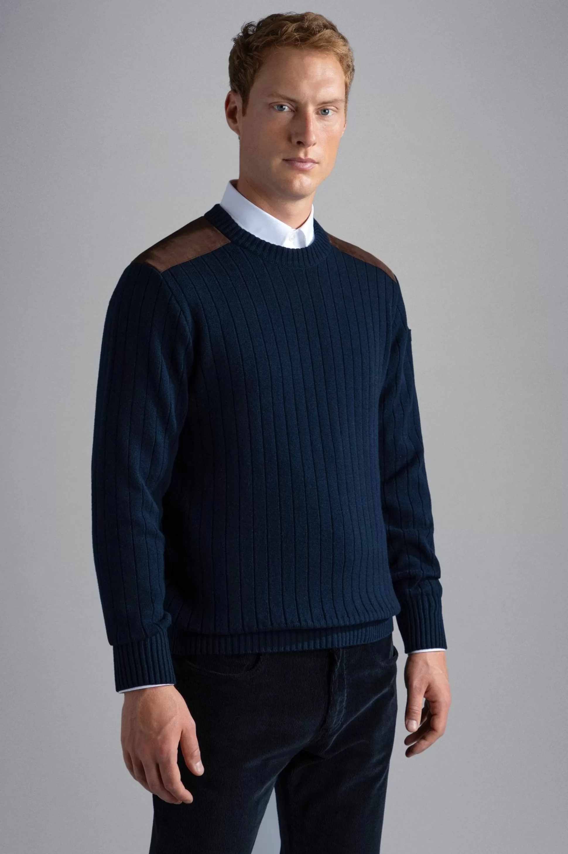 Best Sale Henry Bucks PAUL&SHARK X Wool Leather Crew Knit NAVY